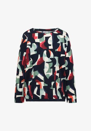 Haut à manches longues et col rond avec motif géométrique abstrait en bleu marine, rouge, vert et blanc sur un tissu doux.