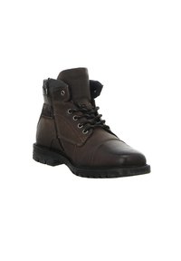 Braune Leder-Ankle Boots mit Schnürung und seitlichem Reißverschluss, Gummisohle, runder Zehenform und strukturiertem Obermaterial, mit Steppnähten.