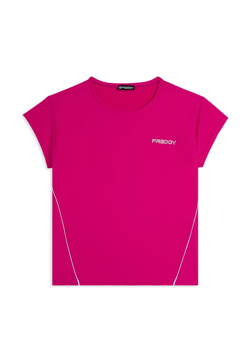 Camiseta deportiva de manga corta en color rosa de FREDDY, con cuello redondo, con líneas de acento blancas en los costados, hecha de una tela elástica.