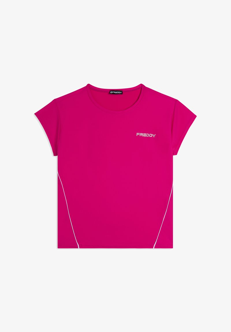 Camiseta deportiva de manga corta en color rosa de FREDDY, con cuello redondo, con líneas de acento blancas en los costados, hecha de una tela elástica.