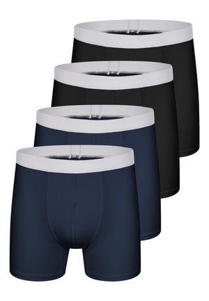 Quatre paires de boxers pour hommes, deux bleu marine et deux noirs, chacun avec une ceinture élastique blanche, disposées en pile décalée.