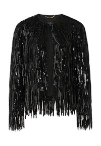 Black jacket with fringe made of sequins. Features a round neckline and open front design, showcasing a shiny, textured surface.