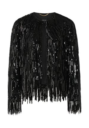 Black jacket with fringe made of sequins. Features a round neckline and open front design, showcasing a shiny, textured surface.