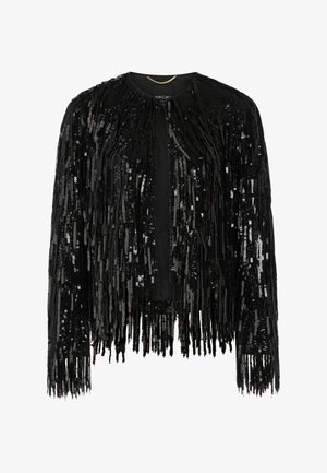 Black jacket with fringe made of sequins. Features a round neckline and open front design, showcasing a shiny, textured surface.