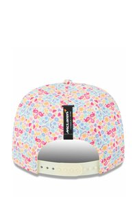Czapka baseballowa z pastelowym nadrukiem w kwiaty w odcieniach różu, niebieskiego i żółtego. Posiada plastikowe zapięcie snapback oraz czarną metkę z logo z tyłu.