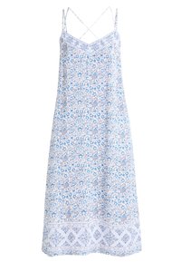 Robe blanche sans manches avec fines bretelles et motif floral et géométrique bleu, avec un décolleté en V et une silhouette ample en ligne A.
