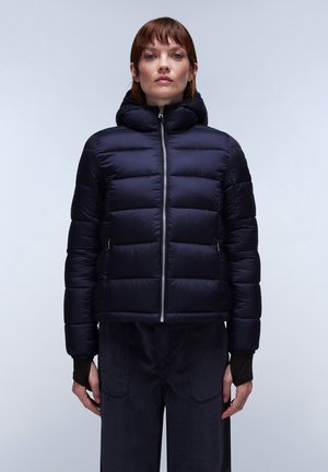 Navy puffer jacket with a fitted design, horizontal quilting, hood, and front zip closure. Soft, smooth fabric with a lightweight appearance.