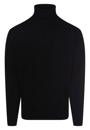 Pull à col roulé noir à manches longues avec un col montant ajusté et un ourlet droit, présenté sur un fond blanc.
