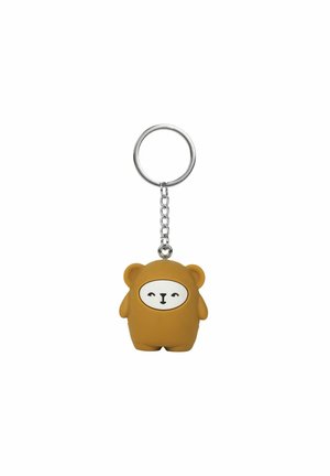 Sleutelhanger in de vorm van een bruine beer met een glimlachend gezicht, bevestigd aan een zilveren metalen ring met een korte ketting.