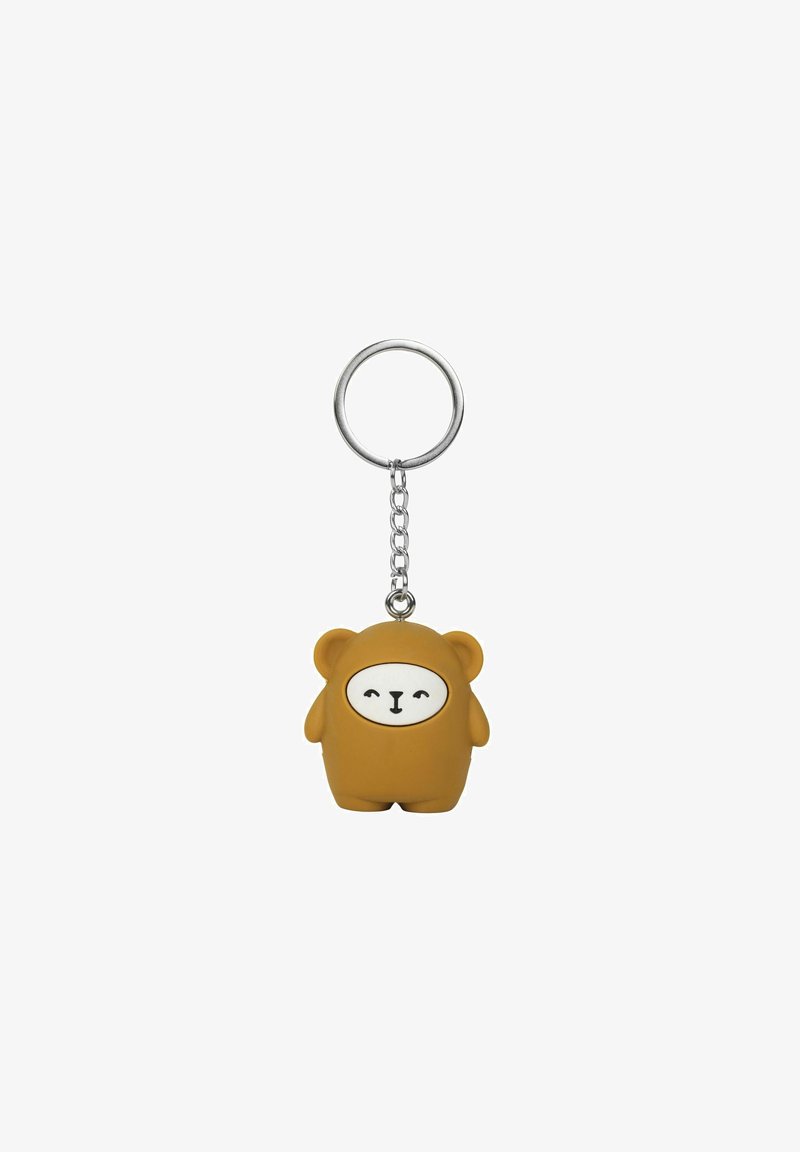 Portachiavi a forma di orso bruno con un volto sorridente, collegato a un anello di metallo argentato da una corta catena.
