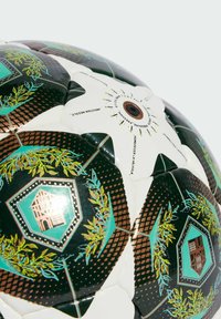 Pallone da calcio bianco e nero con motivi geometrici verdi e marroni, dettagli in rilievo e una superficie testurizzata con una valvola.