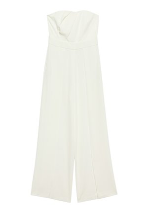 Strapless white wide-leg jumpsuit with a fitted bodice and seam details along the front and waist.