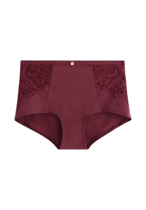 Korkeavyötäröiset viininpunaiset naisten alusvaatteet, joissa on pitsipaneelit sivuilla ja pieni koristeellinen kukka etu vyötärönauhan keskellä.