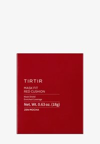 Emballage carré rouge pour "TIRTIR Mask Fit Red Cushion" avec texte blanc détaillant le nom du produit, le poids et la teinte. Finition lisse, design simple.