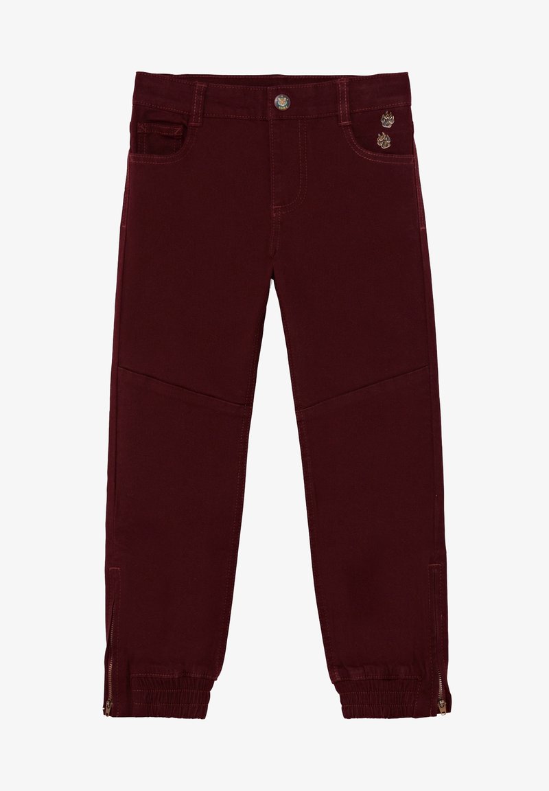 Pantalon pour enfants couleur marron avec poches avant, poignets élastiques, détails zippés aux chevilles et deux petites décorations en forme de pattes d'or près de la poche.