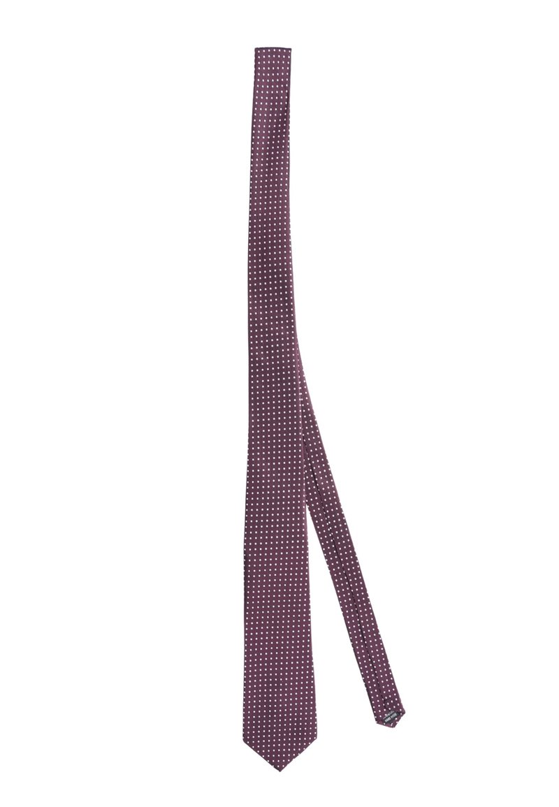 Cravatta bordeaux profondo con pois bianchi, realizzata in tessuto morbido, con estremità a punta e larghezza standard. Motivo testurizzato su tutta la superficie.
