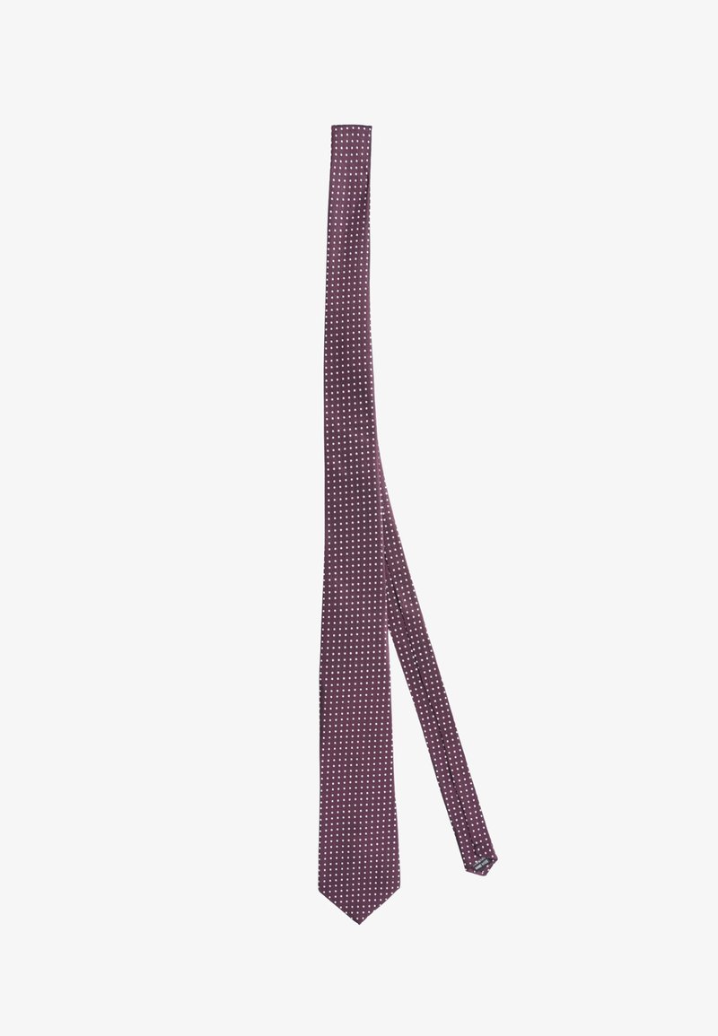 Cravatta bordeaux profondo con pois bianchi, realizzata in tessuto morbido, con estremità a punta e larghezza standard. Motivo testurizzato su tutta la superficie.