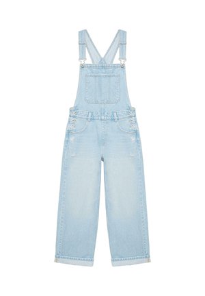 Jasnoniebieski ogrodniczki z denimu z regulowanymi ramiączkami, kieszenią na przodzie, bocznymi guzikami oraz szerokimi, krótkimi nogawkami.