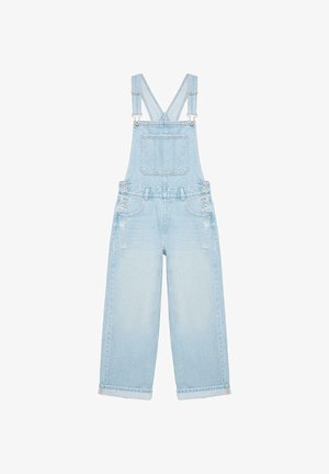 Jasnoniebieski ogrodniczki z denimu z regulowanymi ramiączkami, kieszenią na przodzie, bocznymi guzikami oraz szerokimi, krótkimi nogawkami.