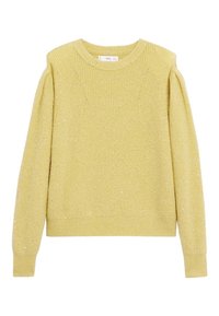 Gelber gestrickter Pullover mit gepufften Schultern, rundem Ausschnitt und einem subtilen metallischen Schimmer im gesamten Stoff. Rippbund und -manschetten.