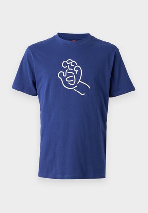 Navy blue cotton t-shirt featuring a white outline graphic of a hand with four fingers and a thumb. Crew neckline, short sleeves.
