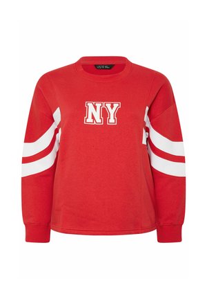Rode sweatshirt met witte "NY" tekst op de borst en twee witte strepen op elke mouw, voorzien van een ronde hals en geribbelde manchetten.