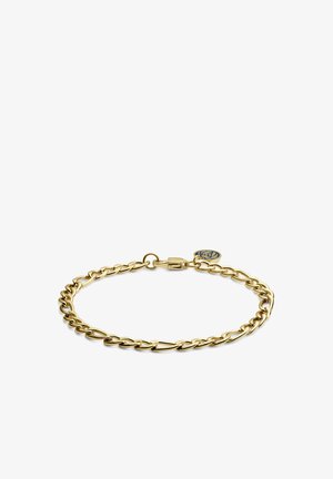 Guldfarvet kædearmbånd med sammenkædede led og en sikker lås. Har et lille rundt vedhæng med et dekorativt design.