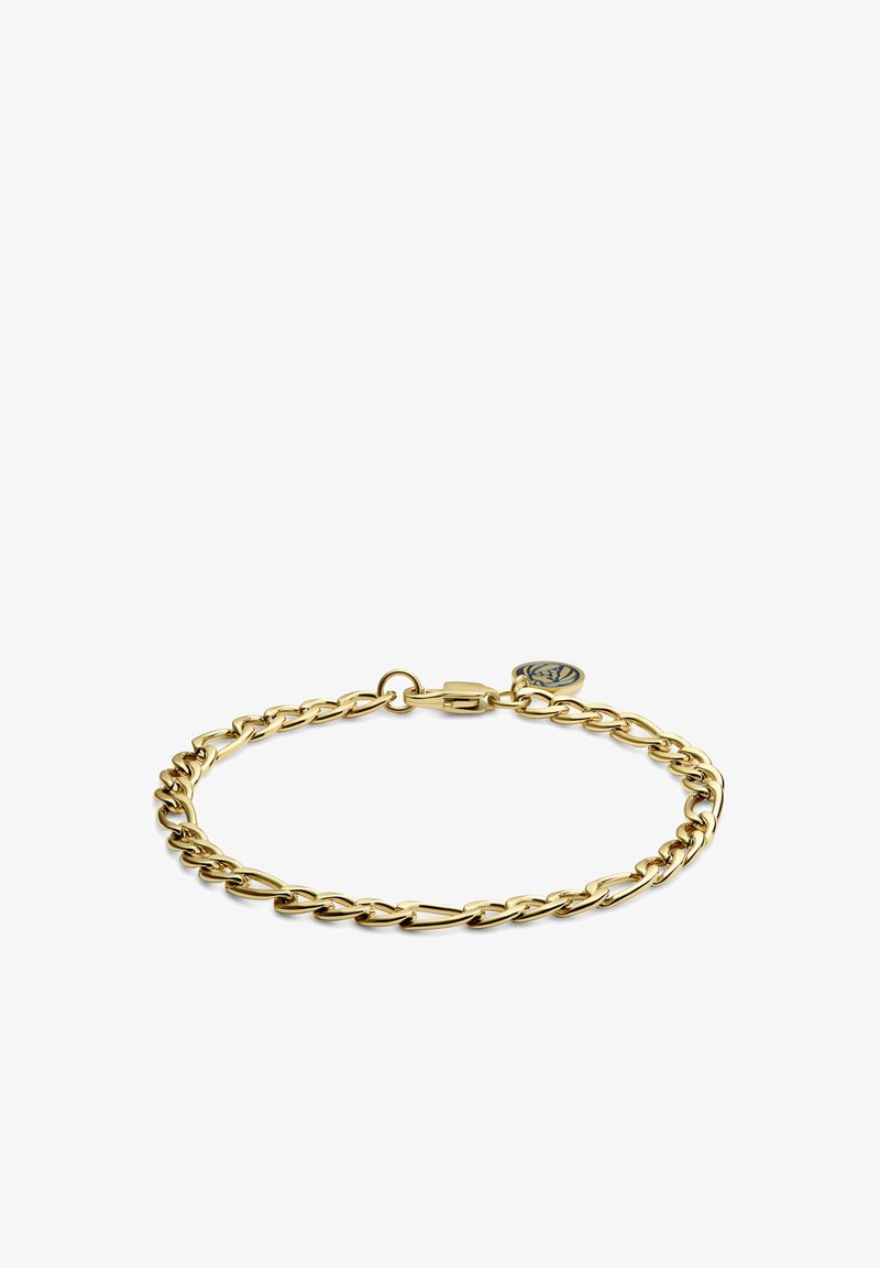 Guldfarvet kædearmbånd med sammenkædede led og en sikker lås. Har et lille rundt vedhæng med et dekorativt design.