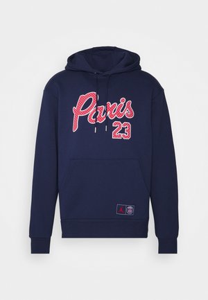 Sudadera con capucha azul marino hecha de mezcla de algodón, con un estampado gráfico rojo "Paris 23" y parche de logo en el frente. Incluye un bolsillo delantero y capucha con cordón.