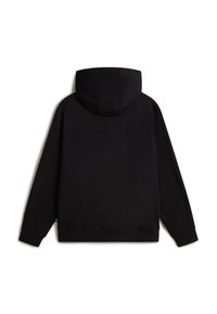 Schwarzer Langarm-Hoodie flach liegend, Rückseite mit angebrachtem Kapuzen und gerippten Bündchen an Ärmeln und Saum zu sehen.