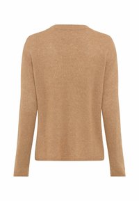 Maglione marrone lavorato a maglia con maniche lunghe, una vestibilità rilassata e colletto a girocollo. Texture morbida con un leggero lucido e senza motivi visibili.