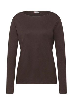 Hnědá košile s dlouhým rukávem z měkké látky s kulatým výstřihem, hladkou texturou a přiléhavým střihem.