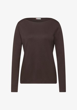 Brązowa koszula z długim rękawem wykonana z miękkiego materiału, z zaokrąglonym dekoltem, o gładkiej fakturze i dopasowanym kroju.