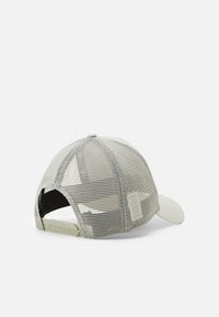 Mesh baseball cap in light gray with a stiff visor, adjustable back strap, and solid panel design. Features a breathable mesh material.