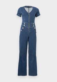 Ολόσωμη φόρμα τζιν με κοντά μανίκια, βαθύ V λαιμόκοψη, εμπρόσθιο φερμουάρ και διακοσμητικά κουμπιά στα πλάγια· καμπανούσα σχεδίαση παντελονιού σε σκούρο μπλε.