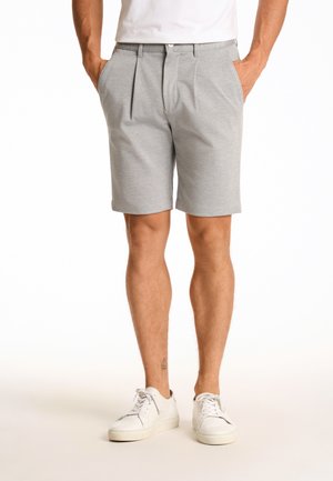 Grå shorts med to frontpliser, sidelommer og knaplukning. Båret med hvide sneakers, sat mod en ensfarvet hvid baggrund.