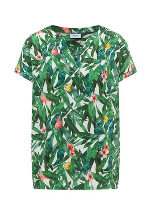 Wit overhemd met korte mouwen met groene tropische bladeren en roze en gele bloemen, V-hals kraag.