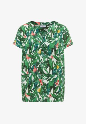 Chemise blanche à manches courtes avec feuilles tropicales vertes et fleurs roses et jaunes, col en V.