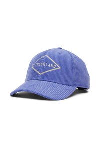Blå corduroy kasket med en buet skygge, med et diamantformet logo broderet i lysebeige tekst, hvilket sikrer en struktureret profil.