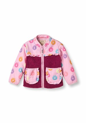 Fleecejacke mit pinkem Obermaterial, lila Akzenten und bunten Obstmustern. Mit gerafftem Kragen und zwei Fronttaschen. Weicher Stoff.