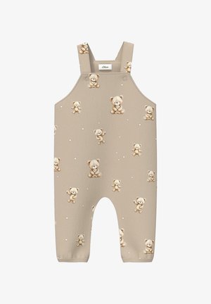 Beiger Baby-Overall mit Trägern, der ein sich wiederholendes Muster aus Teddybären und kleinen Sternen zeigt, sowie einem kleinen s.Oliver Markenetikett auf der Brust.