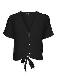 Haut court noir en tissu léger. Comprend un col en V, des manches courtes, une fermeture à boutons sur le devant et un lien à la taille. Texture lisse.