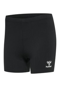 Svarta sportshorts i mjukt tyg, med elastisk midjeband och en liten vit logotyp på nedre högra sidan.