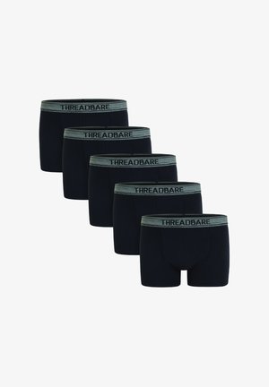 Vijf paar marineblauwe boxershorts met een lichtgrijze elastische tailleband waarop "THREADBARE" in het zwart is gedrukt. Gemaakt van soepel katoenen stof met een aangesloten pasvorm.