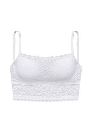 Weißer Spitzen-Bralette mit dünnen verstellbaren Trägern, geformten Cups und einer gewellten Kante entlang der Ränder und des unteren Bands.
