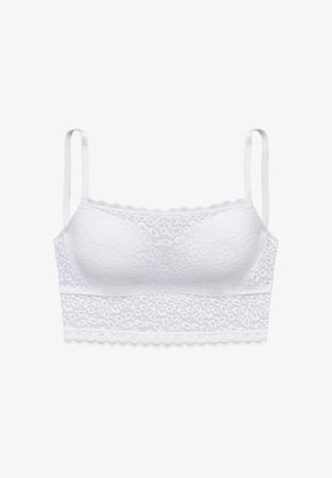 Weißer Spitzen-Bralette mit dünnen verstellbaren Trägern, geformten Cups und einer gewellten Kante entlang der Ränder und des unteren Bands.