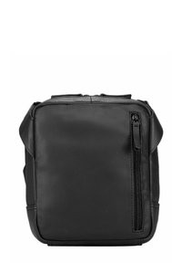 Borsa nera in pelle con forma quadrata, dotata di tasca frontale con cerniera e texture liscia. Design minimalista, cuciture robuste e tracolla regolabile.