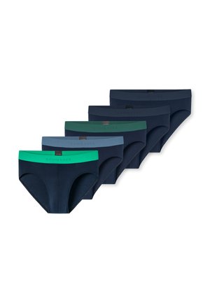 Cinque paia di slip da uomo in blu scuro con elastici in verde, azzurro, verde scuro e due tonalità di blu navy.