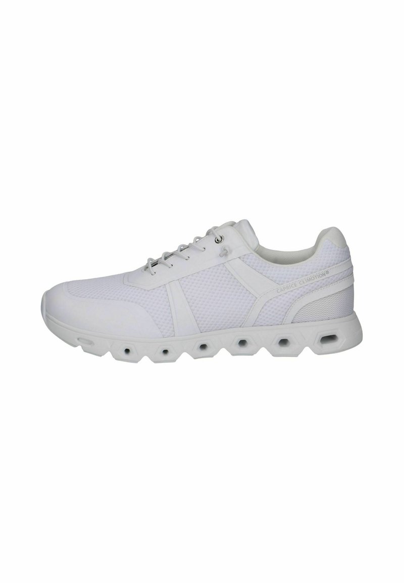 White athletic shoe with a textured mesh upper, padded collar, lace closure, and a thick sole featuring cut-out sections for flexibility.