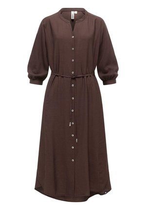 Robe midi marron avec manches longues bouffantes, boutonnage à l'avant, encolure ronde et ceinture à nouer ajustable à la taille.